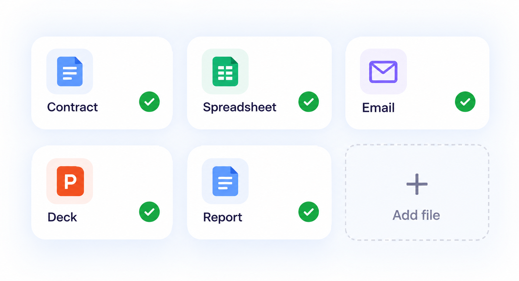 Evidence files — contract, spreadsheet, email, deck and report — each marked as received, with an add-file slot