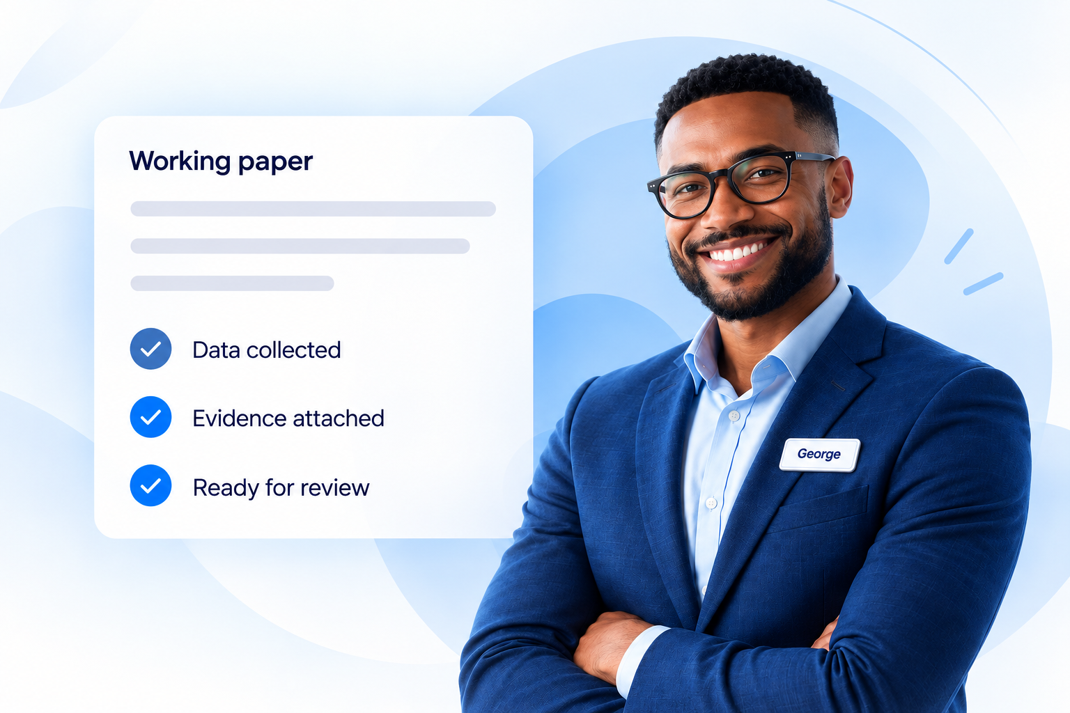 A working paper checklist beside George, smiling with arms crossed