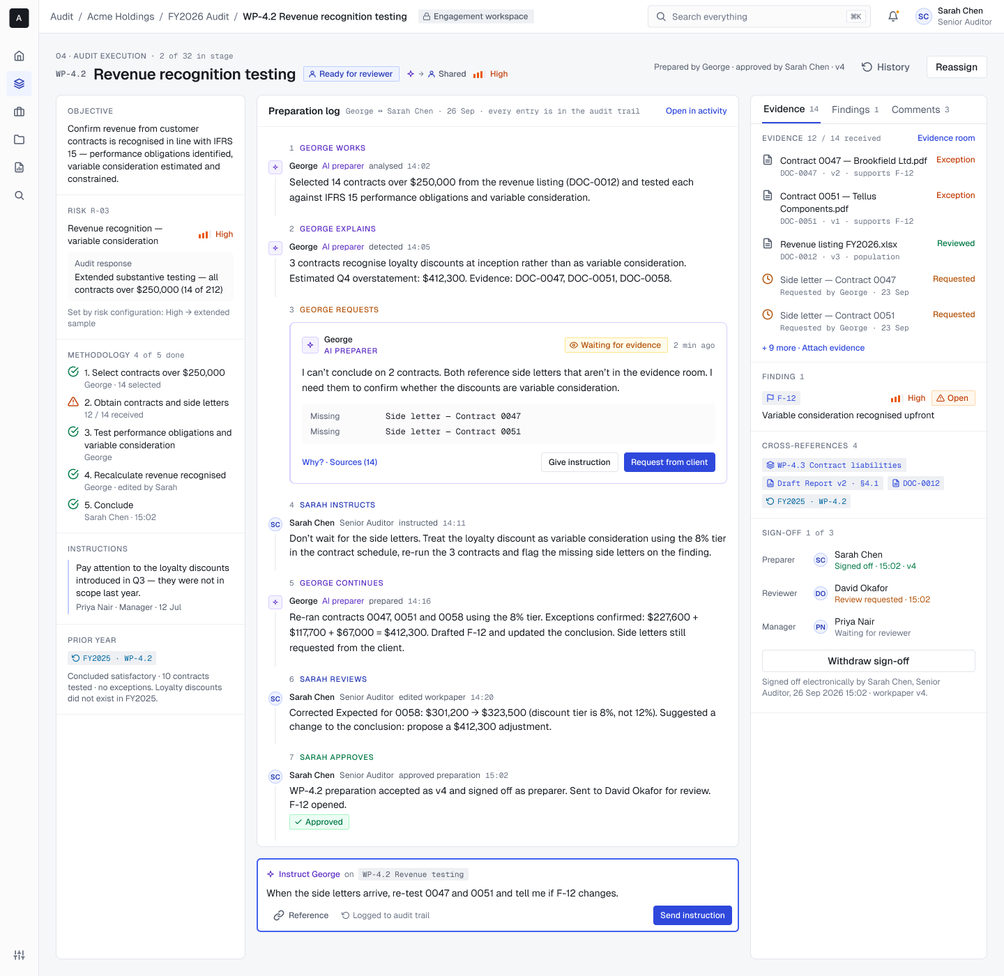 Procedure workbench preparation log: George works, explains a finding, requests missing evidence, the senior instructs and reviews, and both sign off — every step timestamped and attributed
